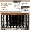 Wine rack with 4 tier shelves, holds 24 bottles and 9 glasses, featuring a brown wood grain surface for industrial.