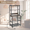 Wine bar cabinet with 4 tier storage shelves, glass holders, and built-in charging station for versatile home use.