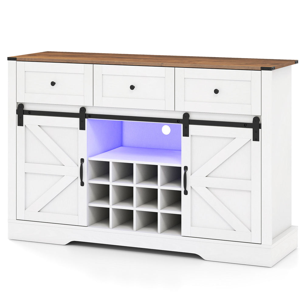 52 Inches Wine Bar Cabinet with LED Lights and Sliding Barn Doors-White - Gallery View 1 of 10