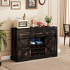 52-inch black wine bar cabinet with sliding barn doors, LED lights, and adjustable shelves for home bar or dining room.