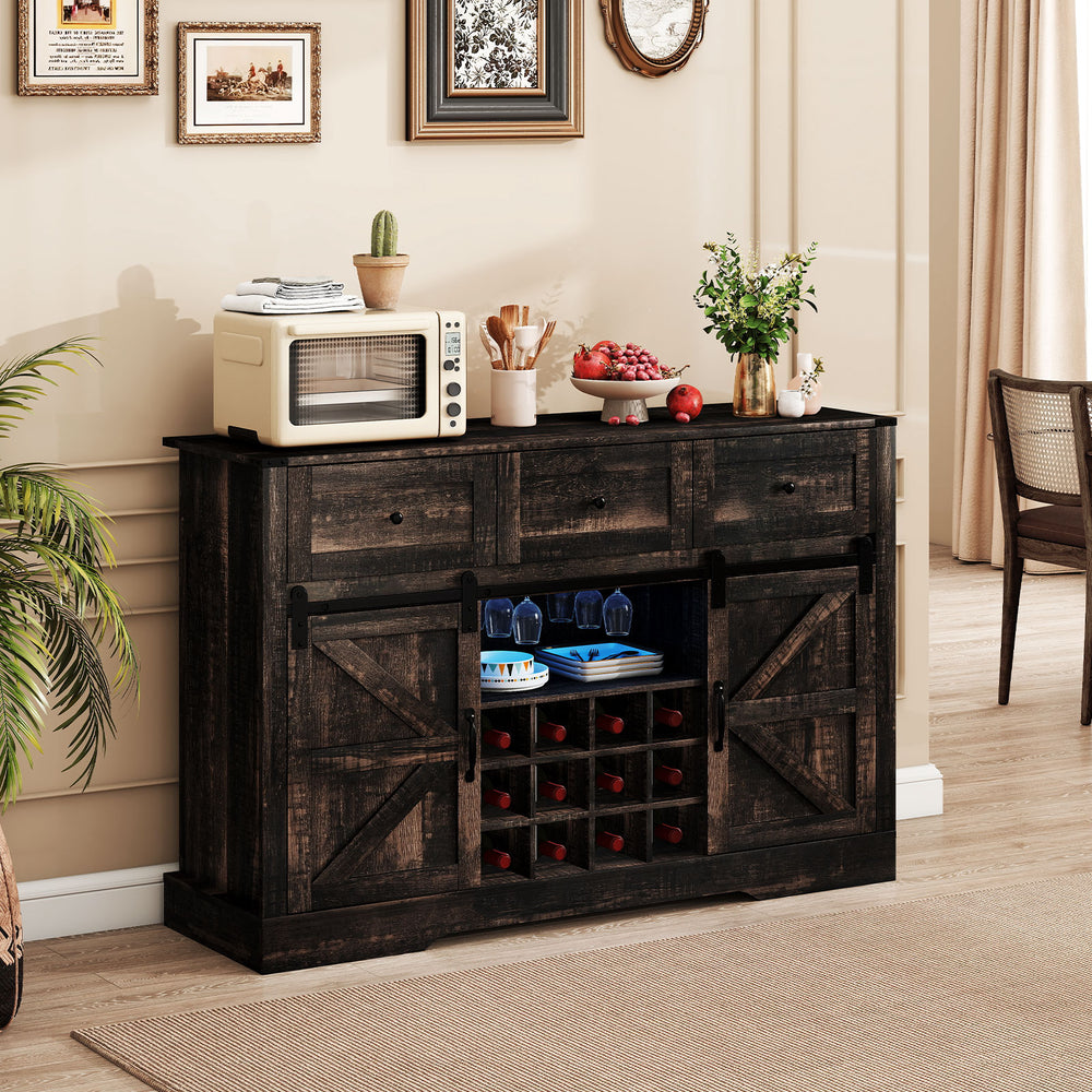 52 Inches Wine Bar Cabinet with LED Lights and Sliding Barn Doors-Black - Gallery View 1 of 10