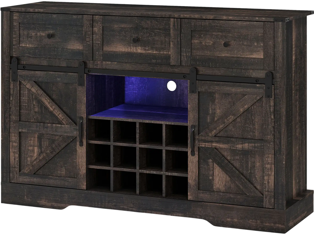 52-inch black wine bar cabinet with LED lights, sliding barn doors, and adjustable shelves for home bar storage.