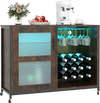 Rustic brown wine bar cabinet with LED light, adjustable shelves, and wine glass holders for home bar or kitchen use.