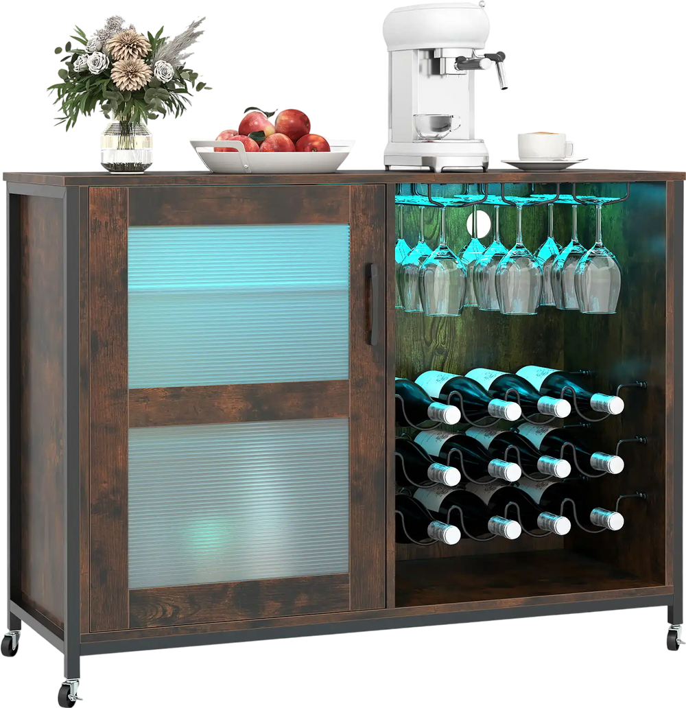 Rustic brown wine bar cabinet with LED light, adjustable shelves, and wine glass holders for home bar or kitchen use.