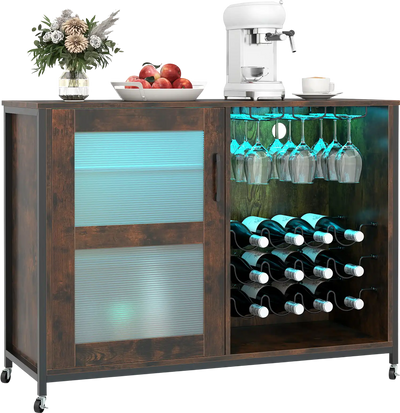 Costway Wine Bar Cabinet LED Light Adjustable Shelves 968273154 New