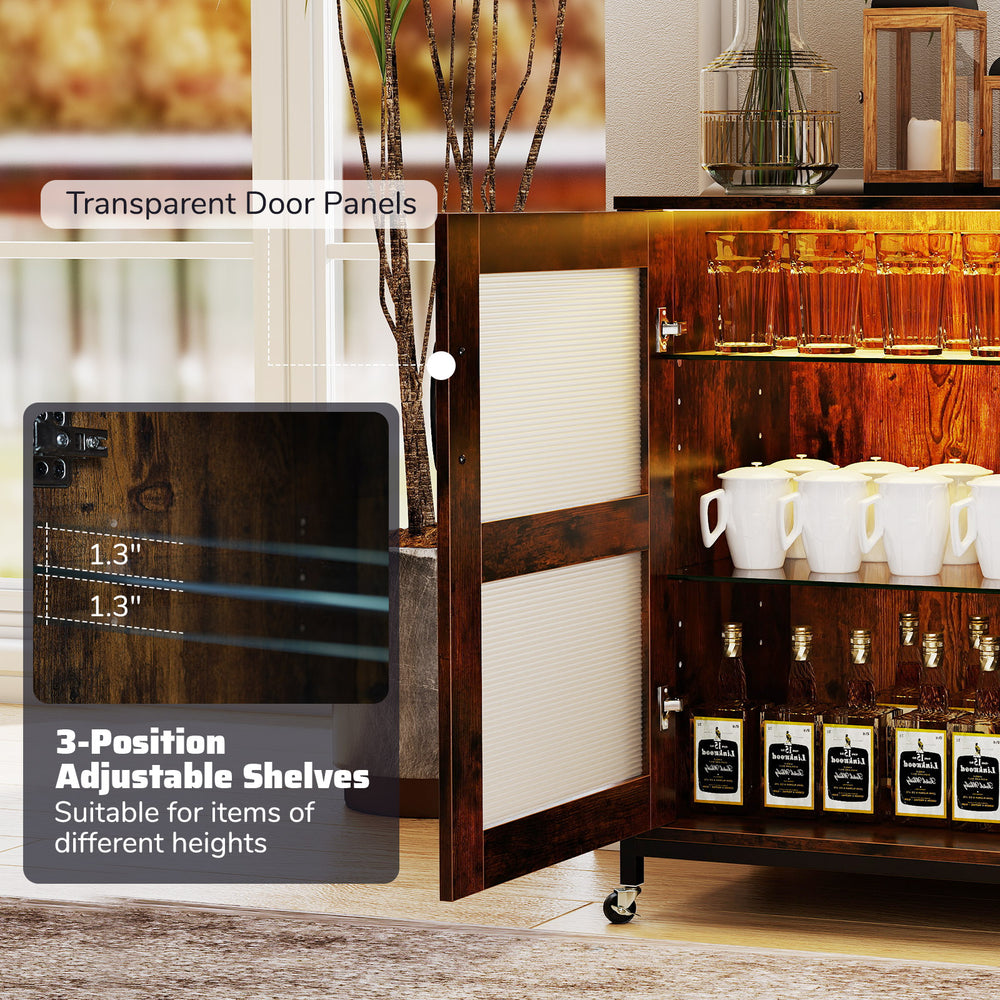 Wine bar cabinet in rustic brown with transparent door panels and adjustable shelves, perfect for home bar or kitchen.