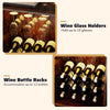 Wine glass holders in rustic brown wine bar cabinet, holding up to 15 glasses, ideal for home bar or kitchen use.