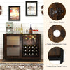 Rustic brown wine bar cabinet featuring adjustable LED lights, wine glass holders, and a heavy-duty metal frame for.