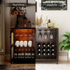Wine bar cabinet in rustic brown with LED lights, adjustable shelves, and wine glass holders for home bar enjoyment.