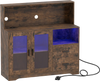 Rustic brown wine bar cabinet featuring LED lights, charging station, and spacious storage for wine and tableware.