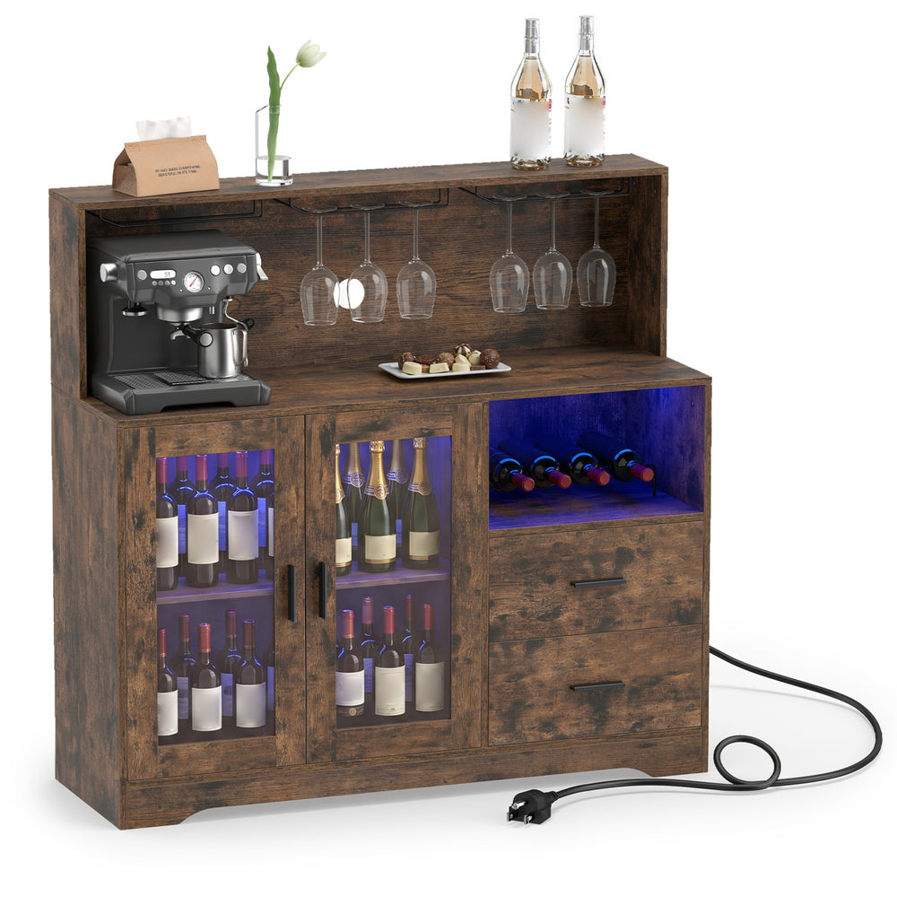 Rustic brown wine bar cabinet featuring LED lights, wine racks, glass holders, and a built-in charging station for convenience.
