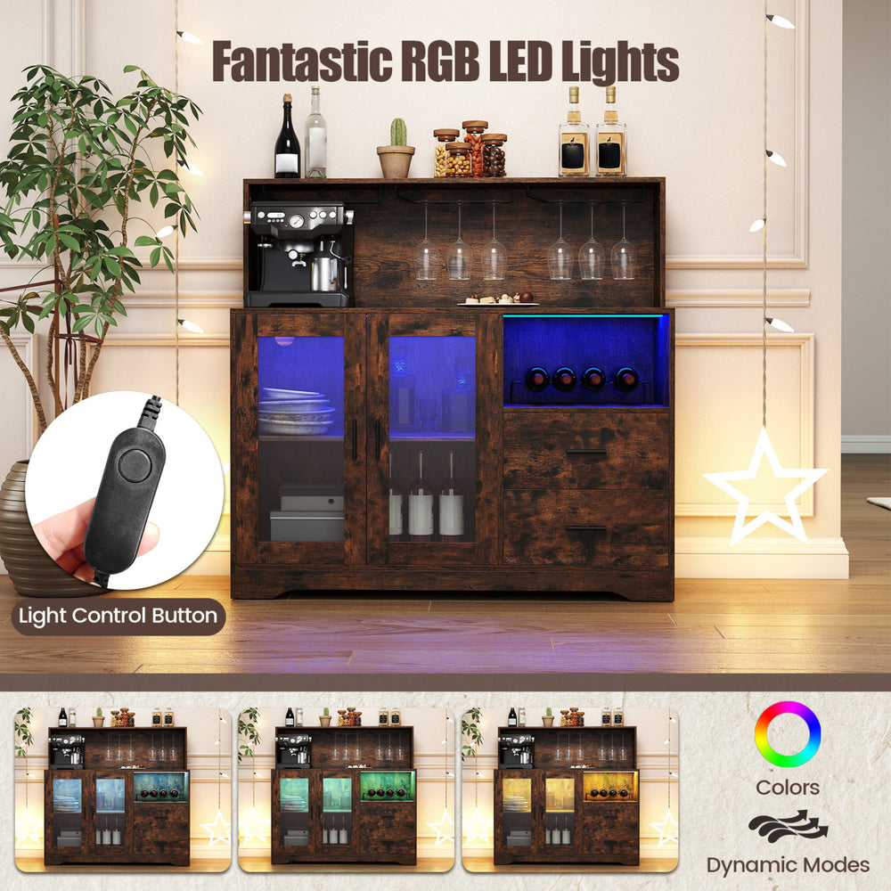 Rustic brown wine bar cabinet featuring RGB LED lights, spacious countertop, and built-in charging station for versatile use.