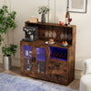 Rustic brown wine bar cabinet featuring LED lights, wine racks, and a charging station for stylish organization and ambiance.