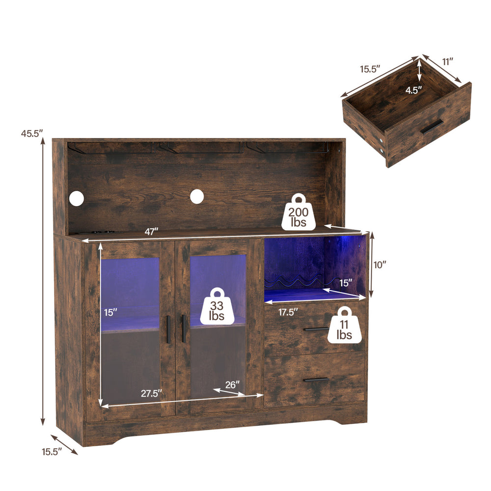 Rustic brown wine bar cabinet featuring LED lights, wine racks, and a built-in charging station for versatile use.