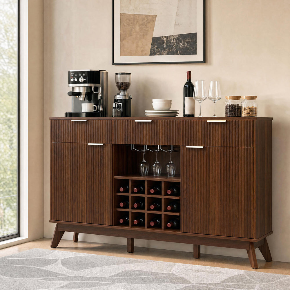 Wine bar cabinet in brown with a wide countertop for coffee makers and plants, enhancing kitchen and dining aesthetics.