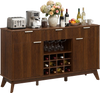 Brown wine bar cabinet featuring adjustable shelves, 12-slot wine rack, and three glass holders for organized storage.