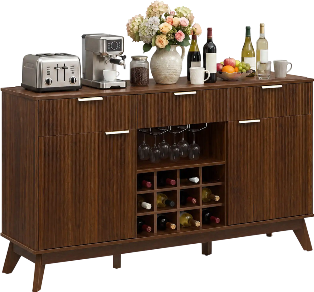 Brown wine bar cabinet featuring adjustable shelves, 12-slot wine rack, and three glass holders for organized storage.