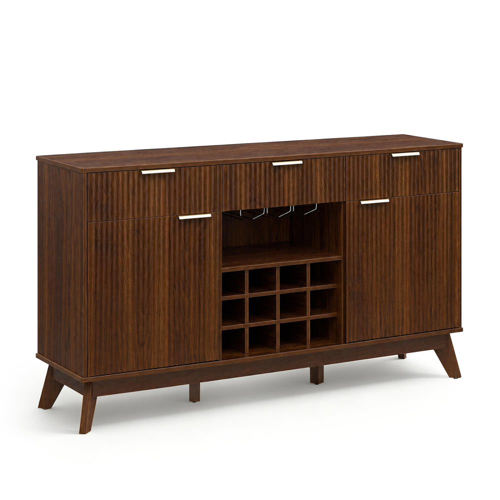 Wine bar cabinet in brown with adjustable shelves, 3 drawers, and 2 doors, ideal for kitchen or dining room storage.