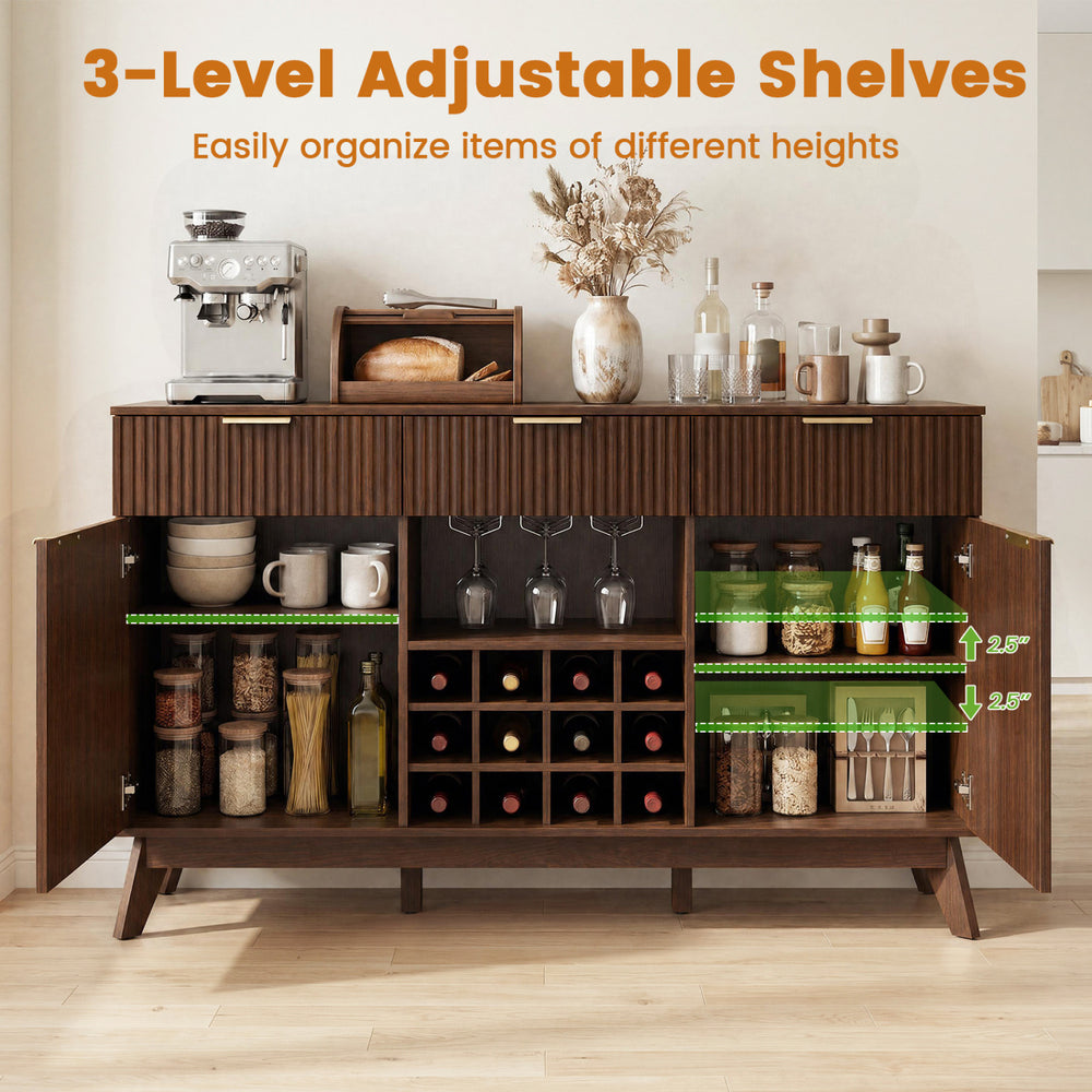 Wine bar cabinet with adjustable shelves, 2 doors, and 3 glass holders for versatile kitchen organization and style.