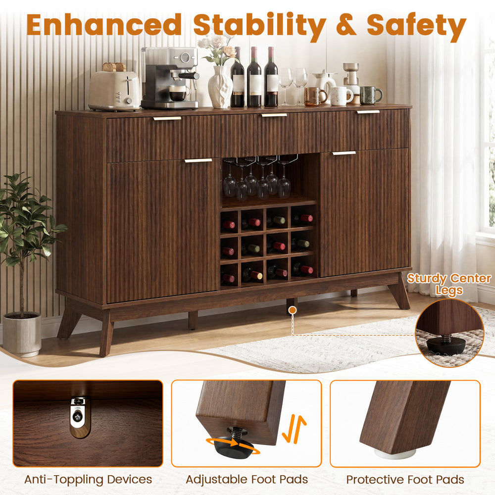 Wine bar cabinet in brown featuring adjustable shelves, 12-slot wine rack, and 3 glass holders for versatile storage.