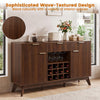 Wine bar cabinet in brown with wave-textured design, adjustable shelves, and removable wine rack for versatile storage.