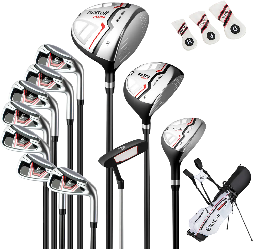 Complete women's golf club set with driver, fairway, hybrid, irons, putter, and lightweight bag in red for easy.