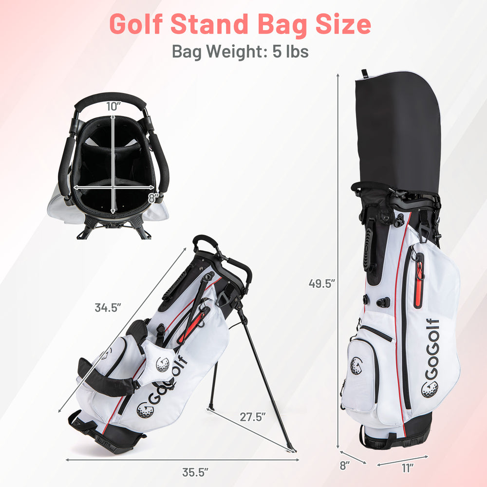 Women's golf stand bag set in red, featuring lightweight design, multiple pockets, and easy-carry dual shoulder straps.