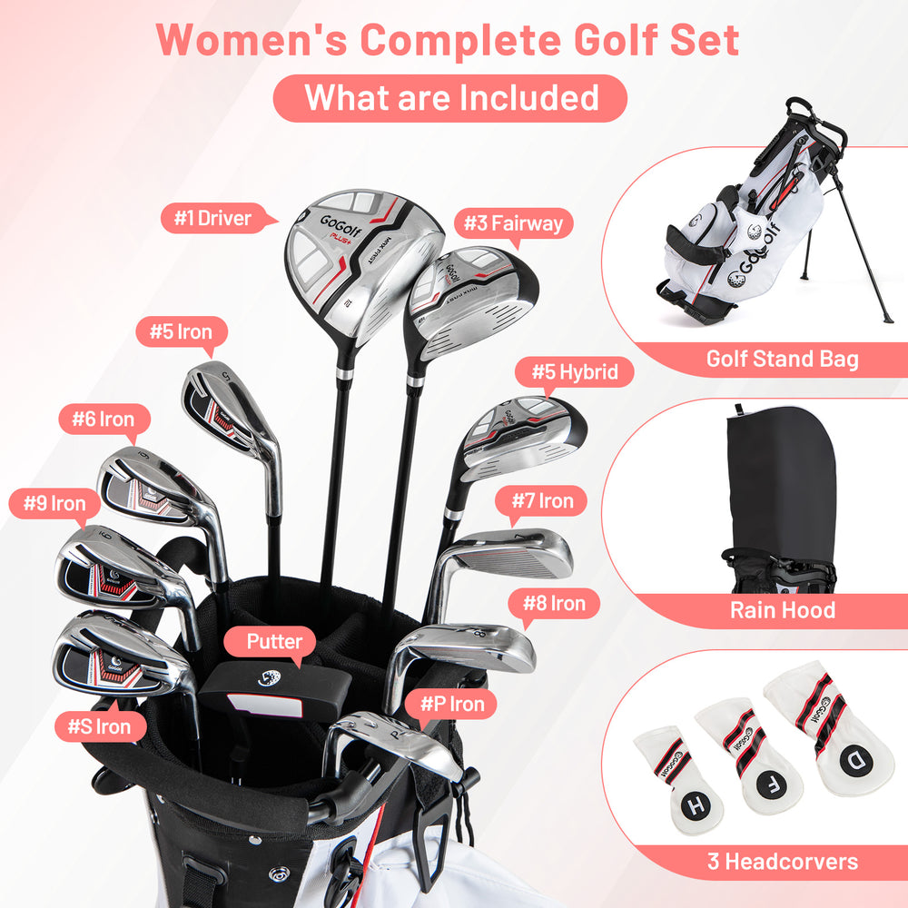 Women's complete golf set featuring a driver, fairway, hybrid, and irons in a lightweight red bag with headcovers.