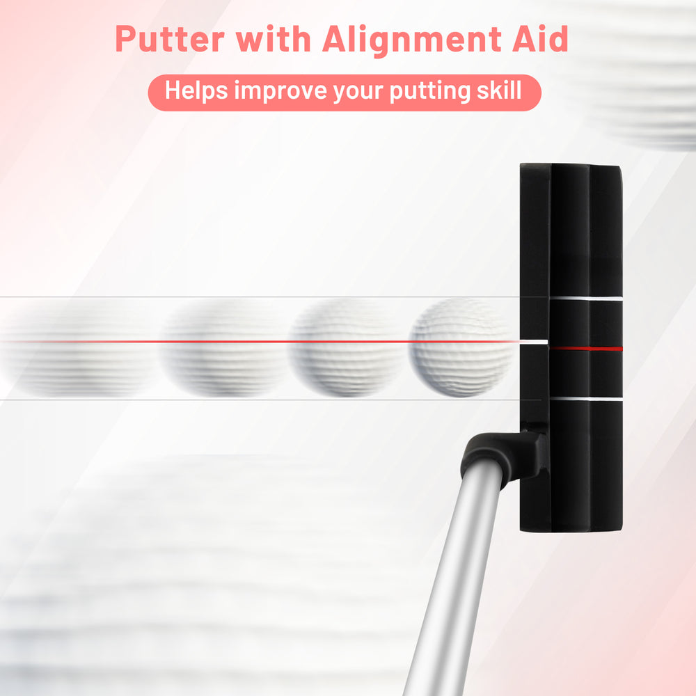 Putter with alignment aid for improved accuracy, featuring a steel shaft and designed for better control in golf.