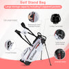 Women's golf stand bag in red with 5 zippered pockets, dual shoulder straps, and umbrella holder for easy carrying.