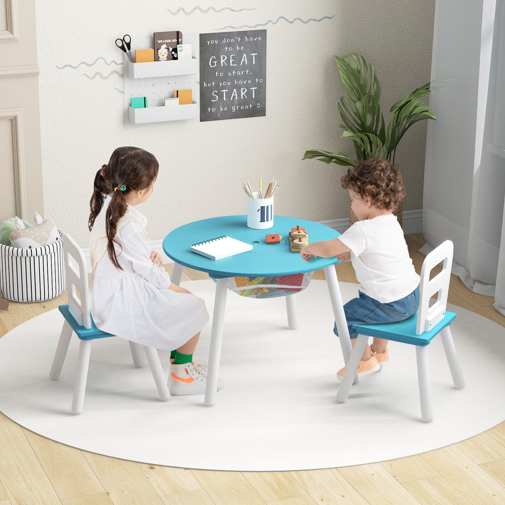 Wood Activity Kids Table and Chair Set with Center Mesh Storage-Blue - Gallery View 1 of 10