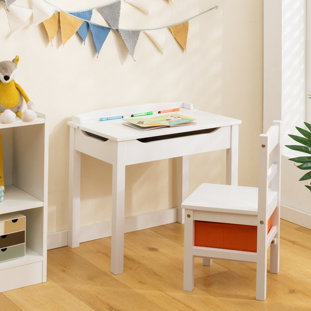 Kids activity table and chair set in white with hidden storage, perfect for playrooms and learning spaces.