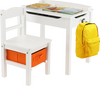 Kids activity table and chair set in white with hidden storage, perfect for playrooms and study areas.