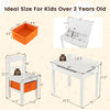 Kids activity table and chair set in white with hidden storage, ideal for playroom and learning, featuring safety.