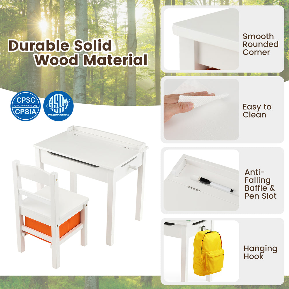 Kids activity table and chair set in white, featuring hidden storage, safety hinge, and pen slot for organized play and.