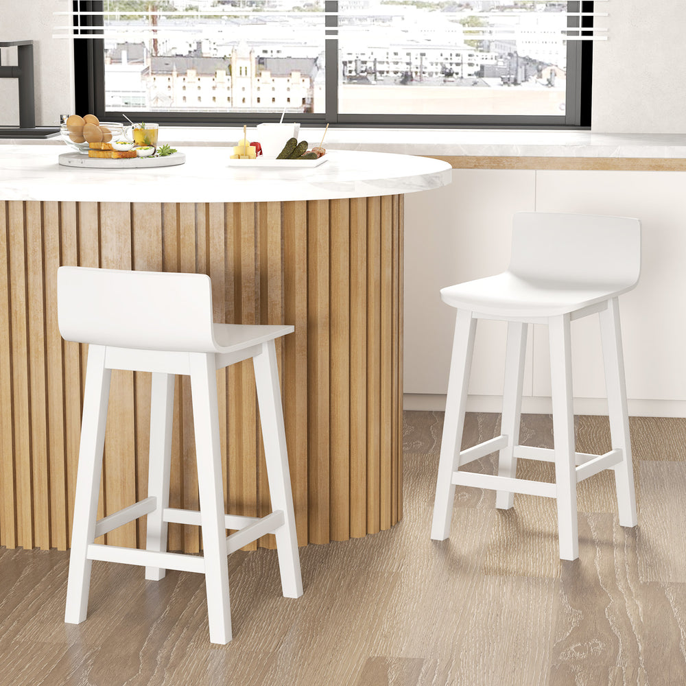White wood bar stool with solid backrest and seat, designed for comfort at 35"-39" bar tables in kitchens or cafes.