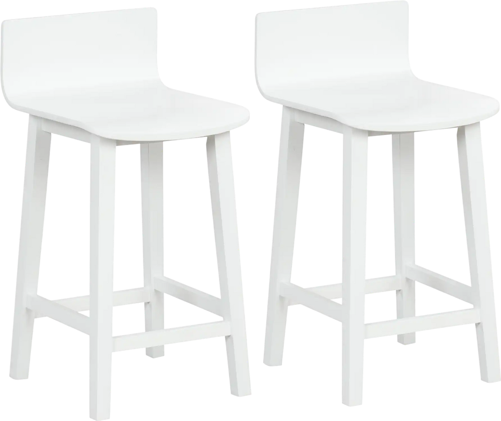 White wood bar stools set of 2 with solid back and seat, ideal for dining rooms or kitchen counters.