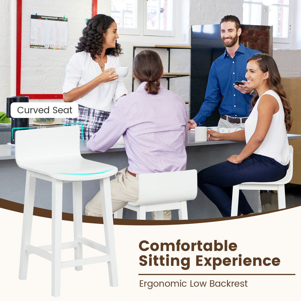 Wood bar stool with ergonomic low backrest, solid white seat, perfect for dining and kitchen counters.