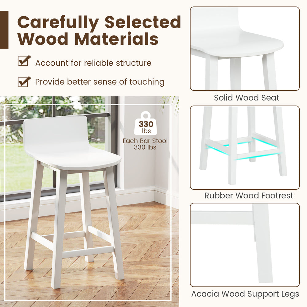 White wood bar stool set of 2 with solid wood seat and backrest, ideal for kitchen counters and dining areas.