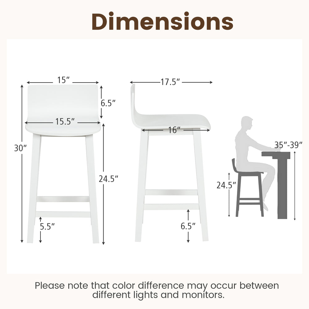 Dimensions of white wood bar stools set of 2, featuring solid back and seat, ideal for 35"-39" bar tables.