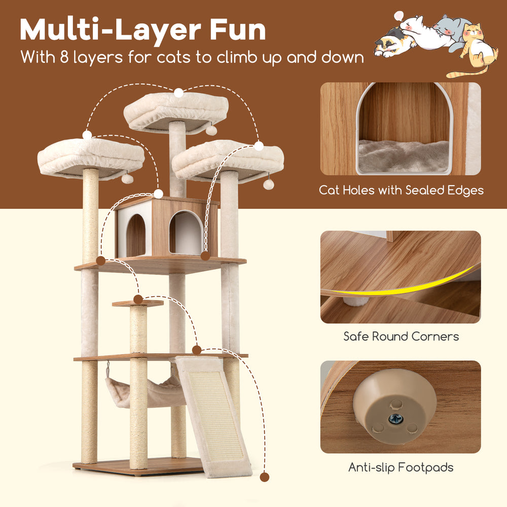 Multi-layer cat tree featuring 3 padded perches, a cozy condo, and sisal scratching posts for climbing and lounging.