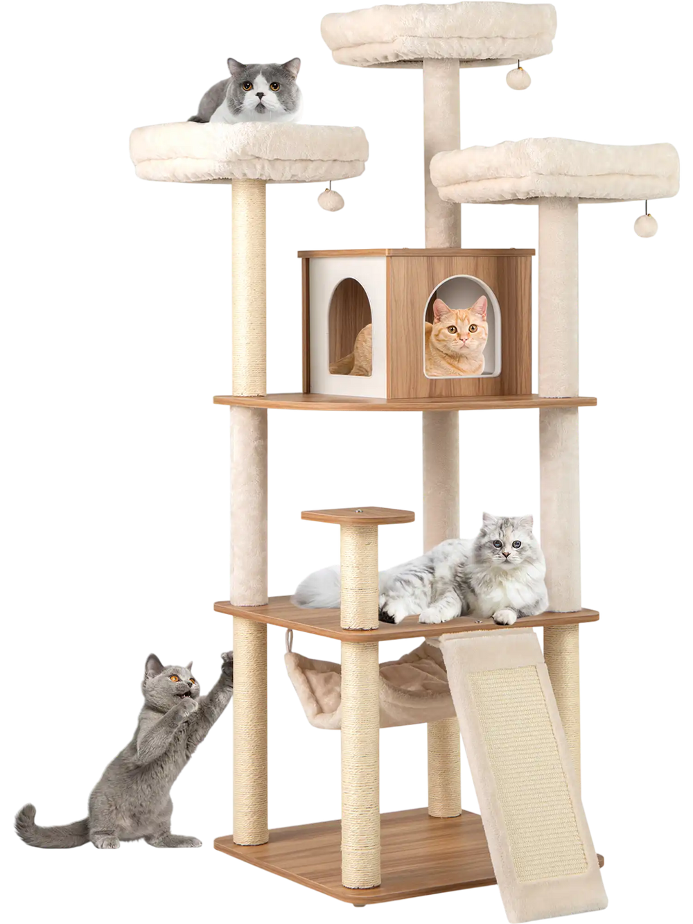Tall cat tree with 3 padded perches, condo, and sisal scratching posts for climbing, lounging, and scratching.