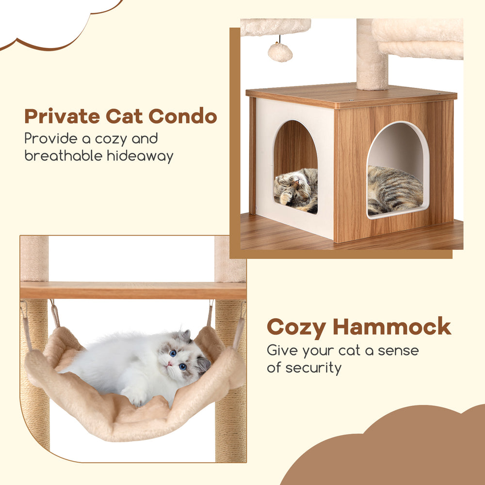 Cozy cat hammock with plush padding, part of a 68-inch tall cat tree featuring sisal scratching posts and a private.