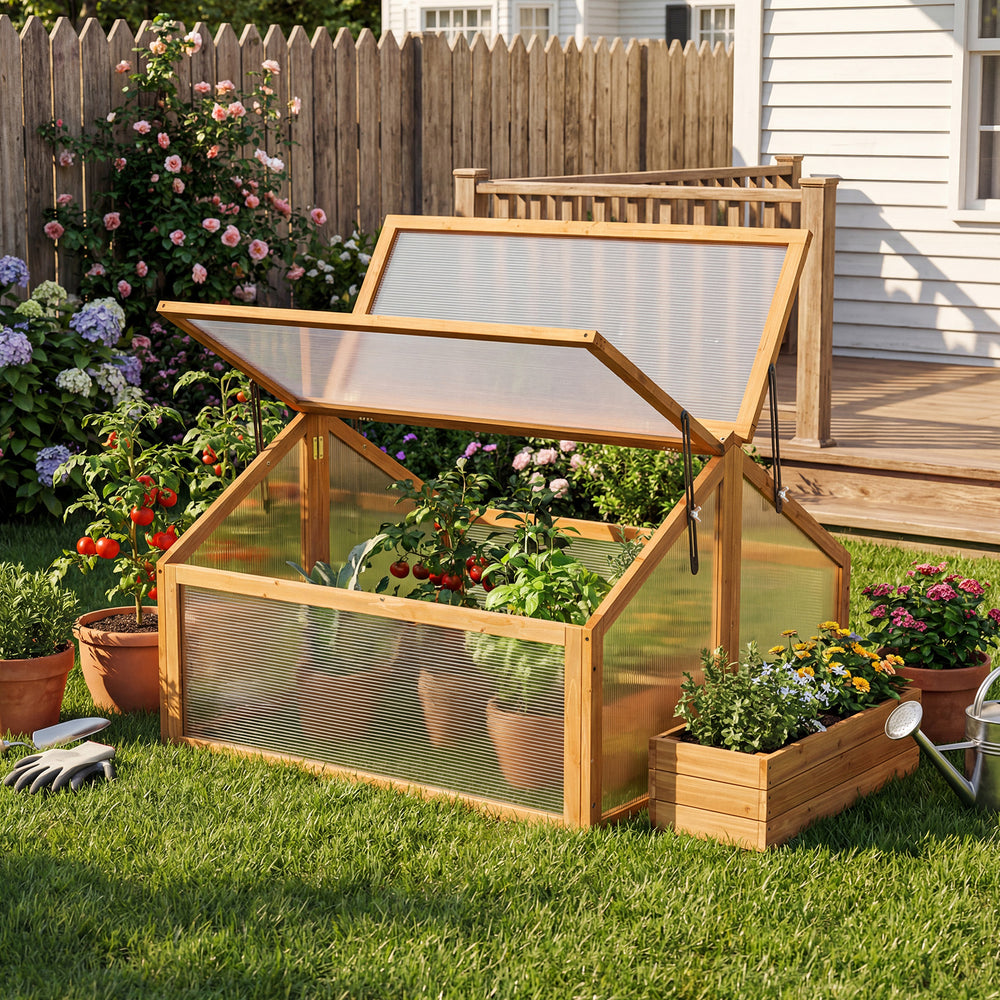 Wood cold frame greenhouse with transparent roof vents, ideal for protecting plants and extending the growing season.