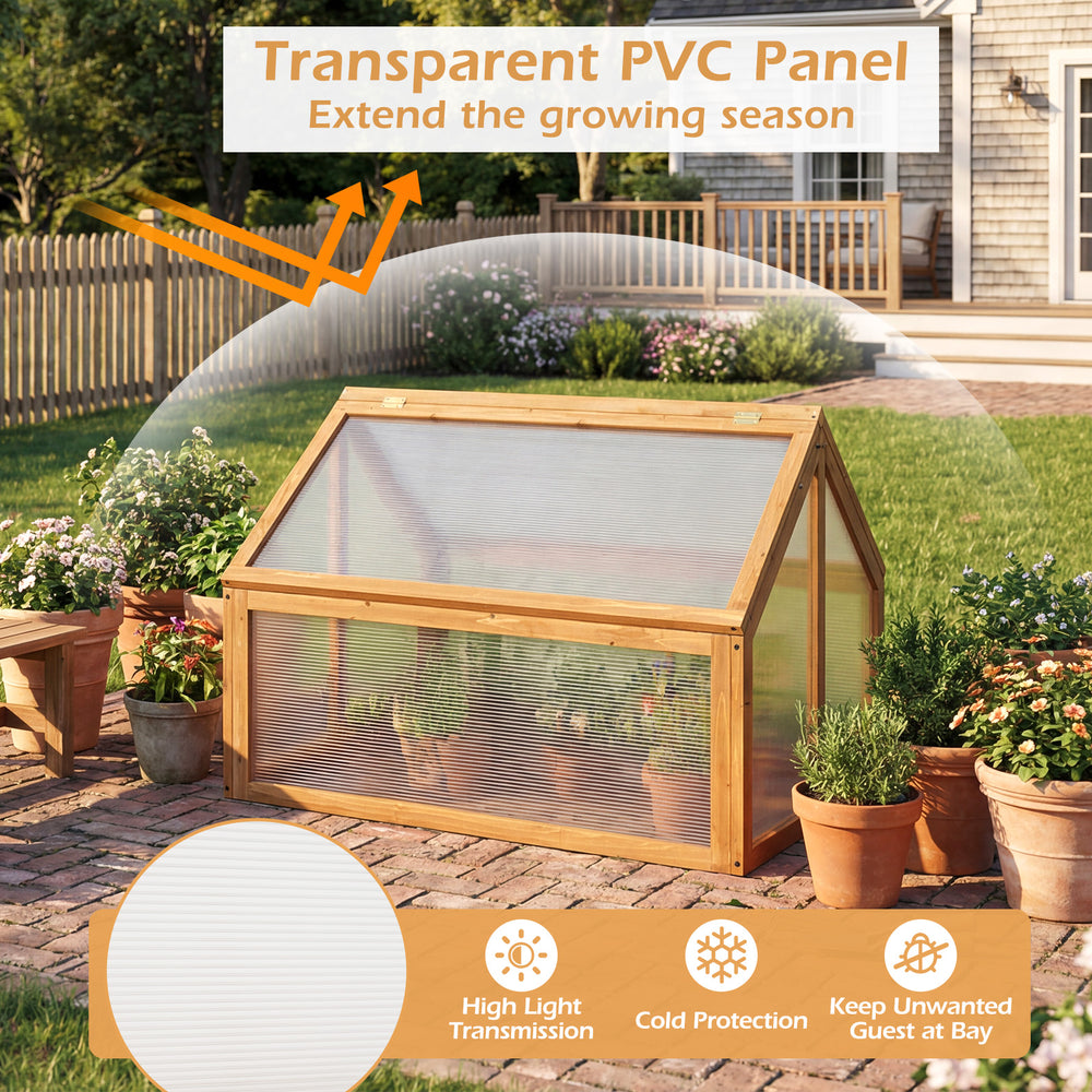 Wood cold frame greenhouse with transparent PVC panel and adjustable roof vents for plant protection and extended.