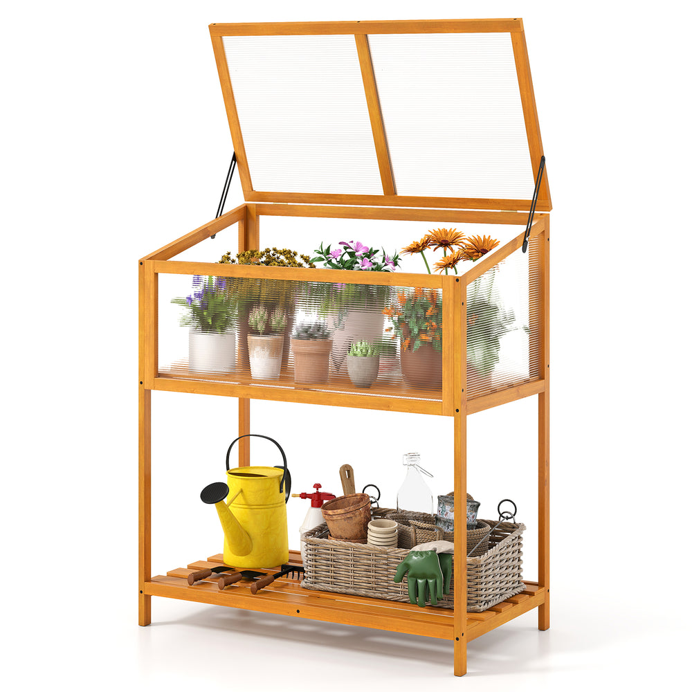 Wood cold frame greenhouse with openable roof, slatted storage shelf, and natural fir wood for gardening organization.