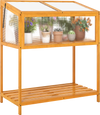 Wood cold frame greenhouse with transparent openable roof and slatted storage shelf for organizing gardening tools.