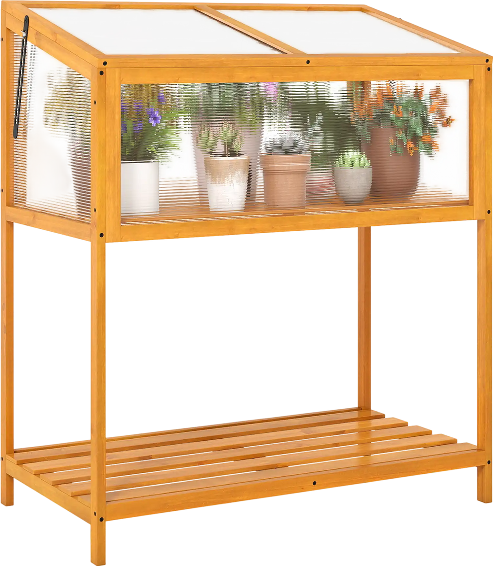 Wood cold frame greenhouse with transparent openable roof and slatted storage shelf for organizing gardening tools.