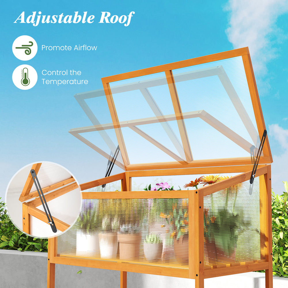 Wood cold frame greenhouse with adjustable transparent roof for airflow and temperature control, perfect for vegetable.
