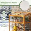 Wood cold frame greenhouse with transparent panels, adjustable roof, and slatted storage shelf for organized gardening.